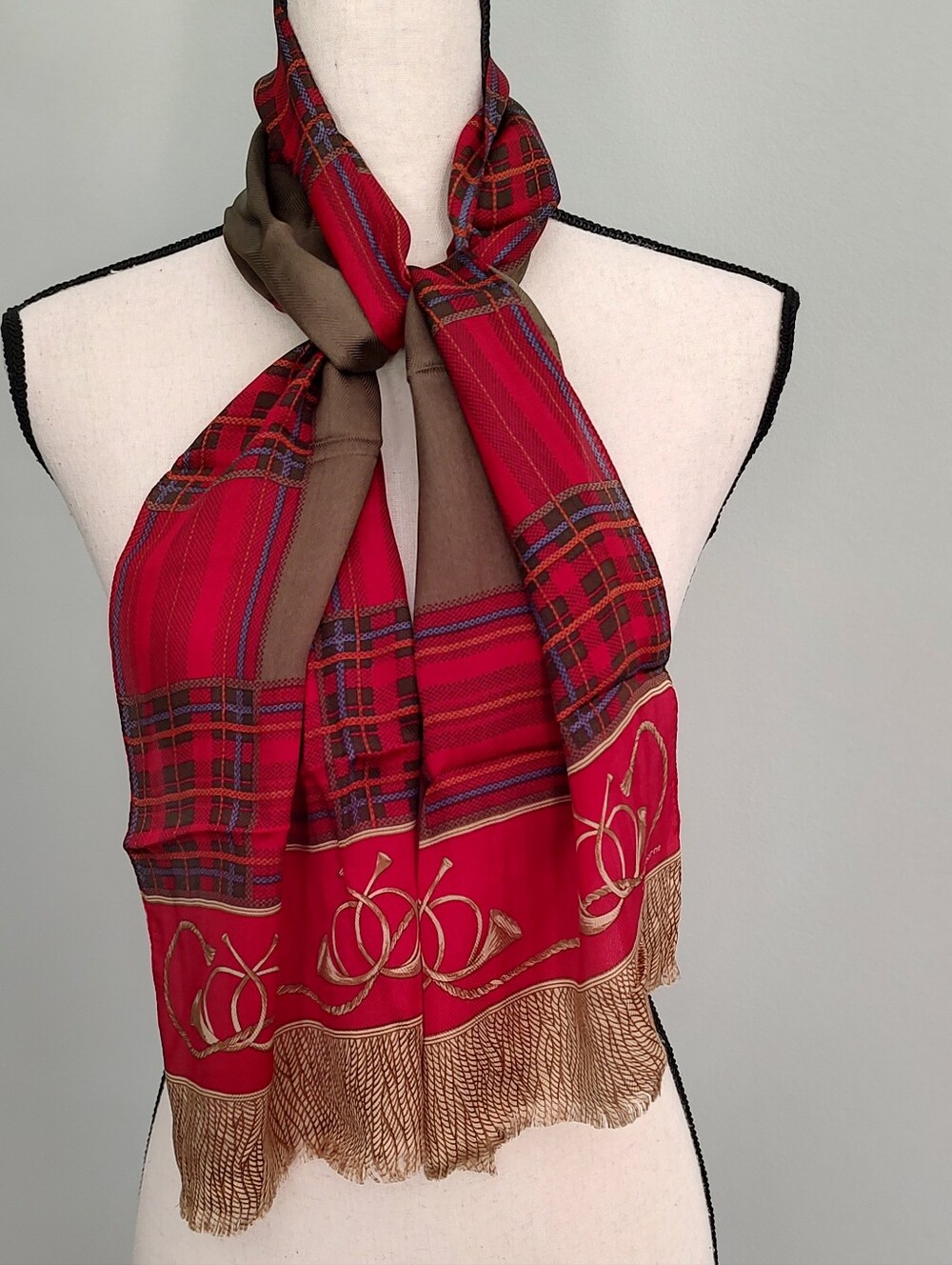 Vintage Liz Claiborne Japanese Silk Stole Scarf Equestrian Hunt Red Gold Horns